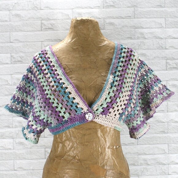 Hand Crafted Sweaters - HAND CRAFTED Cardigan Ultra Cropped Crochet Lavender Granny Square Boho Stripe